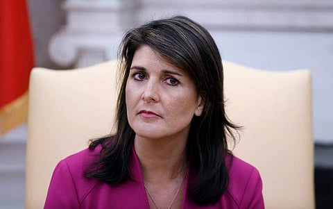 Nikki Haley, the United States Ambassador to the United Nations looks on during a meeting with US President Donald Trump speaks in the Oval office of the White House October 9, 2018 in Washington, DC. (Photo | AP)