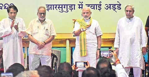 Prime Minister Narendra Modi inaugurating Jharsuguda airport in presence of Union Minister of Civil Aviation Suresh Prabhu, Governor of Odisha Ganeshi Lal and Chief Minister Naveen Patnaik ( Photo| EPS)