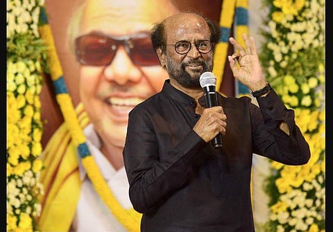 Actor Rajnikanth at a condolence meeting for late DMK leader M Karunanidhi on Monday. (Photo | Martin Louis/EPS)