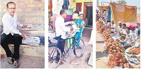 Sangmesh Menasigi (extreme left) arranges newspapers before distributing them to the students and other residents of Jakkali village in Gadag district. According to the residents, it is a common sight to see Menasigi on his cycle each day at 6.30 am givin