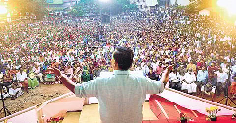 RSS leader Valsan Thillankeri addressing the Sabarimala Viswasa Samrakshana Sangamam organised by the Sabarimala Karma Samiti in Kozhikode | Manu R Mavelil