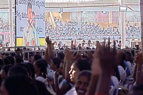CM Naidu addressing Asha workers in Vijayawada on Tuesday | P Ravindra Babu