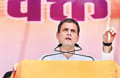 Congress chief Rahul Gandhi addresses a poll rally in Bemcha on Tuesday | PTI