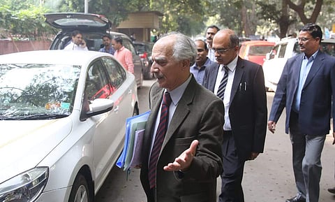 Senior advocate Prashant and Arun shourie at Supreme court after the Rafale deal case hearing in New Delhi on Wednesday. | (Shekhar Yadav | EPS)