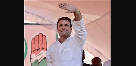 Congress President Rahul Gandhi waves at his supporters during an election rally. (Photo | PTI)