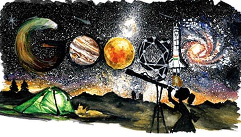 The artwork, titled 'Galaxy, space exploration', depicts a girl gazing into space through a telescope.