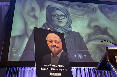 a video image of Hatice Cengiz, fiancee of slain Saudi journalist Jamal Khashoggi, is played during an event to remember Khashoggi (Photo | AP)