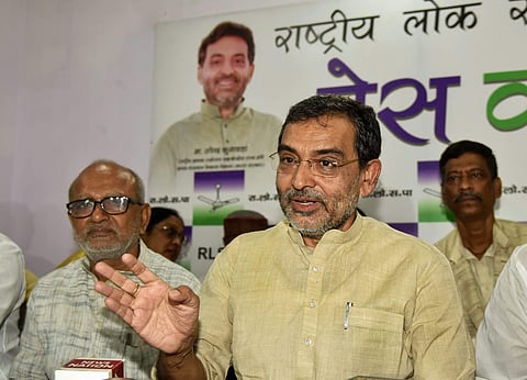 Minister of State for HRD and Rashtriya Lok Samata Party RLSP leader Upendra Kushwaha addresses a press conference in Patna Monday September 24 2018. | PTI