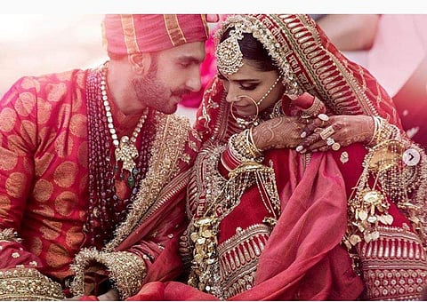 Ranveer Singh and Deepika Padukone from their Sindhi wedding at Lake Como, Italy. (Photo | Instagram)