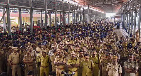 Kerala Police stand guard after women s rights activist Trupti Desai unseen arrived at the Cochin International Airport to visit the Sabarimala temple in Kochi Friday. (Photo | PTI)