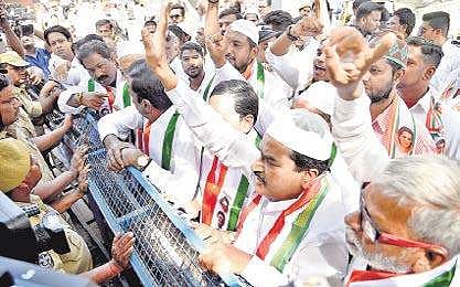 Congress members from Bahadurpura constituency protest at Gandhi Bhavan in Hyderabad on Thursday | R Satish Babu