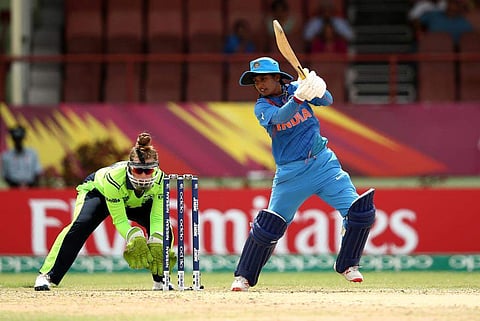 Mithali Raj plays a shot during the ICC T20 World cup match between India and Ireland. (Photo: Twitter / ICC)