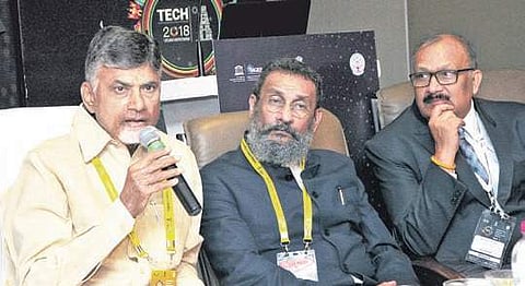 Chief Minister N Chandrababu Naidu speaking at the ‘TECH-2018’ meet held in Visakhapatnam on Thursday | G satyanarayana