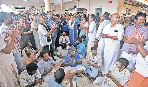 A day-long protest by Sabarimala devotees against Trupti Desai outside Cochin International Airport on Friday | Express