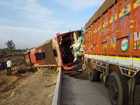 The private bus veered off the road after it hit a lorry near Annigeri on Saturday morning. (Photo |EPS)