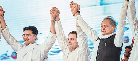 Congress president Rahul Gandhi with party’s Rajasthan state chief Sachin Pilot and senior leader Ashok Gehlot. | (File | PTI)