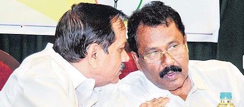 BJP national leader H Raja with Kerala BJP state president Sreedharan PIllai at the BJP state leadership meet in Kochi on Thursday |  A Sanesh