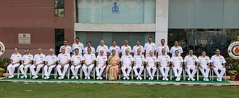 Smt @nsitharaman with officers at the Naval Commanders' Conference. (Twitter image, @DefenceMinIndia)