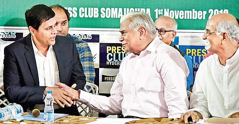 Chief Electoral Officer Rajat Kumar and former Home Secretary Padmanabhaiah at the first State-level Telangana Election Watch Meet - 2018, in Hyderabad | Vinay Madapu