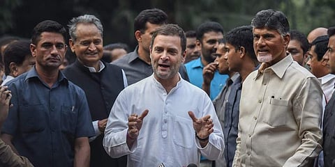 Congress President Rahul Gandhi along with Andhra Pradesh Chief Minister N Chandrababu Naidu addresses the media outside his residence at Tughlak Road in New Delhi. (Photo|PTI)