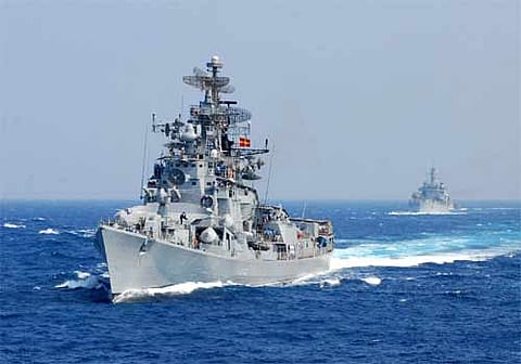 INS Mahendragiri, the seventh ship of the Project 17A Frigates, anchored at the Mazagon Dock Shipbuilders Ltd. in Mumbai.