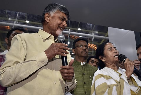 West Bengal Chief Minister Mamata Banerjee and Andhra Pradesh CM Chandrababu Naidu address the media after their closed door meeting at Nabanna in Kolkata Monday Nov 19 2018. | PTI