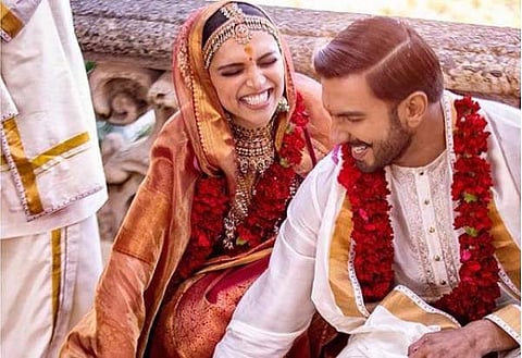 Deepika Padukone and Ranveer Singh clicked at their Konkani style wedding. (Photo | Sabyasachi Instagram)