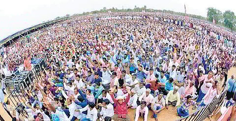 Supporters during the public meeting of TRS president K Chandrasekhar Rao in Siddipet on Tuesday | Express