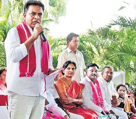 TRS leader KT Rama Rao speaks at a party meeting in Hyderabad (Photo | EPS/Sathya Keerthi)