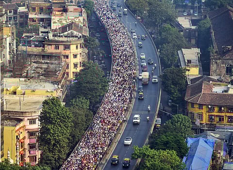 A large number of farmers and tribals take part in a protest march to push for the their long pending demands including better price for their produce total waiver of agricultural loans and transfer of forest rights to tribals in Mumbai Thursday November 