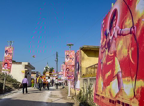 Hoardings put by the Shiv Sena and the Vishva Hindu Parishad VHP parties ahead of the Ram Temple event to be held tomorrow in Ayodhya Saturday Nov.24 2018. | PTI