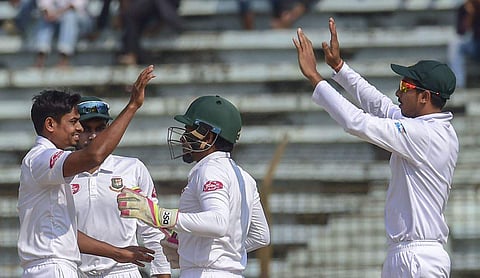 Left-arm spinner Taijul led Bangladesh's attack with his seventh five-wicket haul in Tests, while Shakib al Hasan and Mehidy each picked up two wickets. (Photo | Twitter/@ICC)