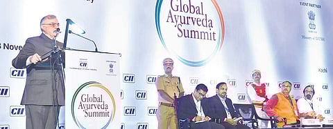 Governor P Sathasivam delivering the valedictory address of Global Ayurveda Summit organised by CII. John Kuruvila, Head, CII Kerala, Dr S Sajikumar, chairman, CII Kerala State Council, Dr D C Katoch, Advisor – Ayush, Govt of India and  Dr  E T Neelakandh