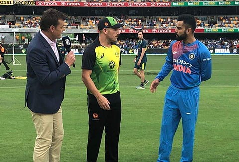 Virat Kohli(R) and Aaron Finch at the toss of the first T20I (Photo | Twitter @cricketcomau)