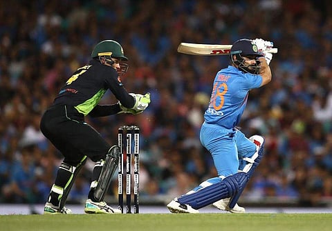 Indian skipper Virat Kohli plays a shot against Australia. (Photo | Twitter/@BCCI)
