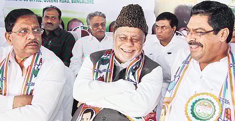(From left) Former KPCC president G Parameshwara, former Union minister C K Jaffer Sharief and MLC Naseer Ahmed in Bengaluru in March 2014 | N P Jayan