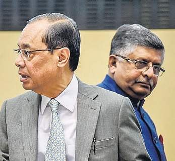 CJI Ranjan Gogoi with law minister Ravi Shankar Prasad in Delhi on Monday | pti