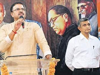 Former CBI Joint Director VV Lakshminarayana speaking at a press conference in Hyderabad on Monday | Sathya Keerthi