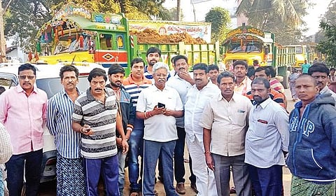 BJP MLA P Manikyala Rao staging a protest against illegal sand mining at Jagannadhapuram village of Tadepalligudem mandal on Tuesday | Express