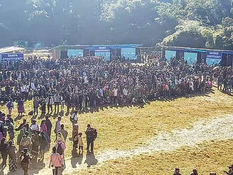 Bru voters were transported to Kahnmun, a small town in Mizoram bordering Tripura, in 140 buses and over 100 small vehicles by the BJP government in Tripura. (Photo | Special Arrangement)