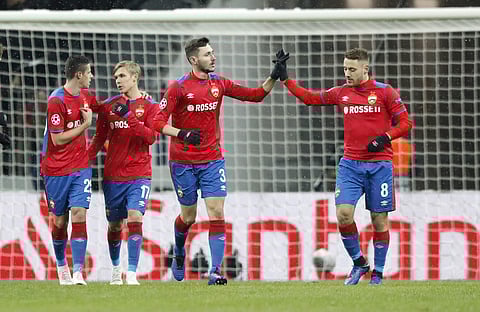 CSKA Moscow players celebrates after scoring their side's goal during the Group G Champions League soccer match against Viktoria Plzen at the Luzhniki Stadium in Moscow | AP