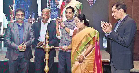 Dr S Geethalakshmi, Vice-Chancellor, Tamil Nadu Dr MGR Medical University, lighting the lamp to inaugurate the 11th edition of TANCARE, a conference organised by FICCI and Tamil Nadu government in association with The New Indian Express, in city on Tuesda