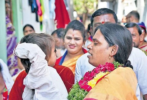 Chandramukhi was seen campaigning on Monday as a Bahujan Left Front (BLF) candidate for Goshamahal constituency | R Satish Babu