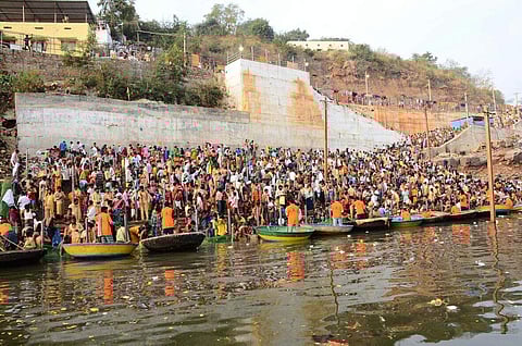 Heavy rush of pilgrims at Srisailam temple in Andhra Pradesh's Kurnool district during Mahashivaratri celebrations on Tuesday. Devotees took holy bath in Patalaganga at Srisailam. (Express Photo)