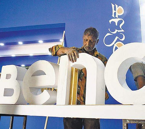 Preparations for Bengaluru Tech Summit 2018 are in full swing at Bengaluru Palace Grounds on Wednesday. The summit will be inaugurated today | Shriram BN