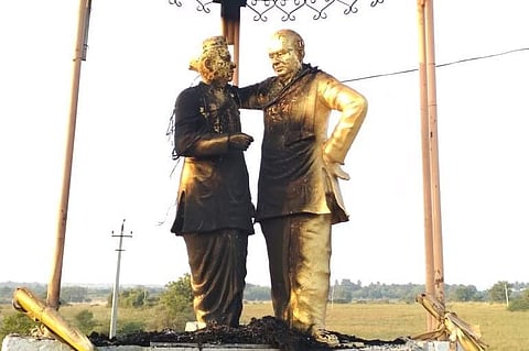 The bronze statue was inaugurated by Devegowda and CM Kumaraswamy to mark the completion of the canal projects in Sindagi in 2012.  (Photo | EPS)