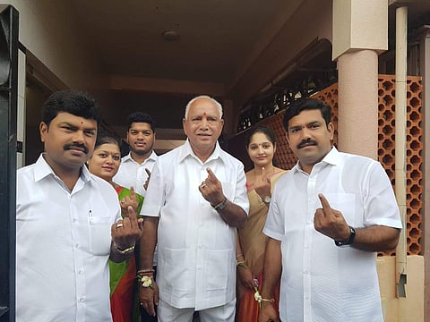 BJP state president BS Yeddyurappa after casting his vote on Saturday. (Photo| EPS)