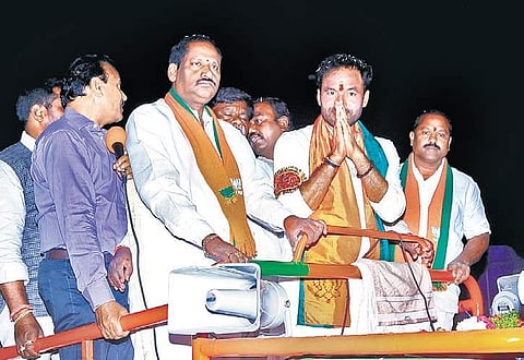 BJP candidate G Kishan Reddy during a road show at Amberpet | Express