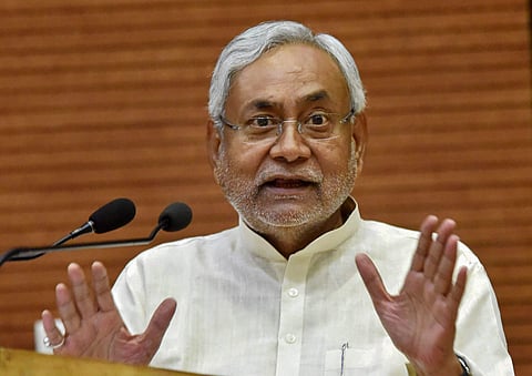 Bihar CM Nitish Kumar addresses on the establishment day of Bihar State Disaster Management Authority at Adhiveshan Bhawan in Patna. (Photo | PTI)