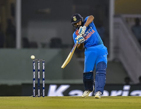 India's Rohit Sharma plays a shot during the 2nd T20I match against West Indies at Bharat Ratna Atal Bihari Vajpayee International Cricket Stadium in Lucknow Nov. 6 2018. | PTI